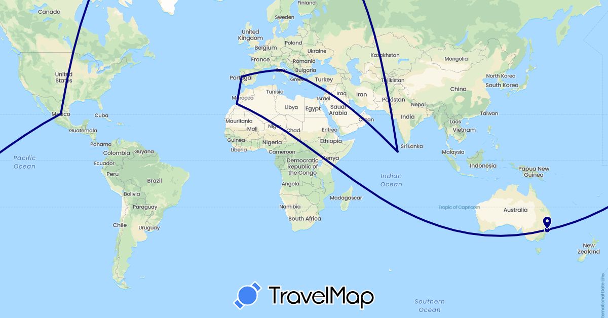 TravelMap itinerary: driving in Australia, Italy, Morocco, Maldives, Mexico, Portugal (Africa, Asia, Europe, North America, Oceania)